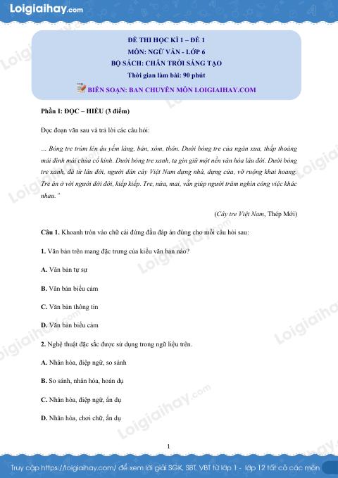 Đề thi học kì 1 Văn 6 Chân trời sáng tạo - Đề số 1